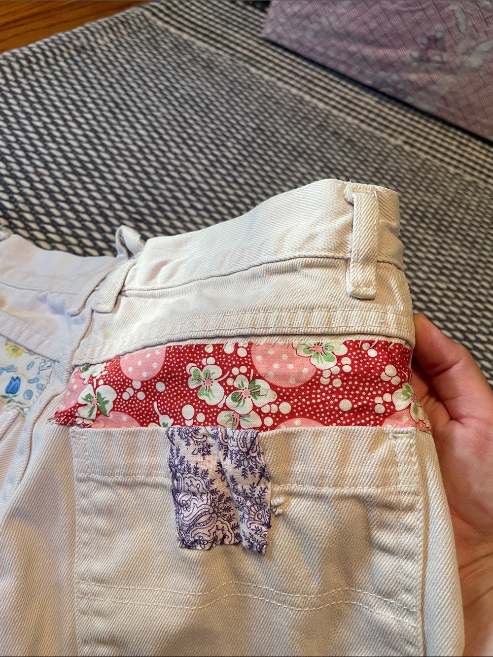 Hand stitched quilt patched denim shorts - Picture 3 of 10